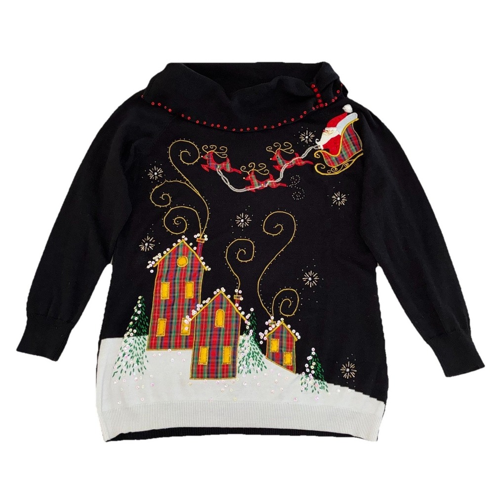 Jack B. Quick‎ Sweater L Black Cowl Neck Christmas Santa Reindeer Beaded Sequins